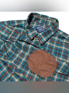 Pendleton Trail Shirt Mens XL Blue Plaid Elbow Patch Flannel Long Sleeve